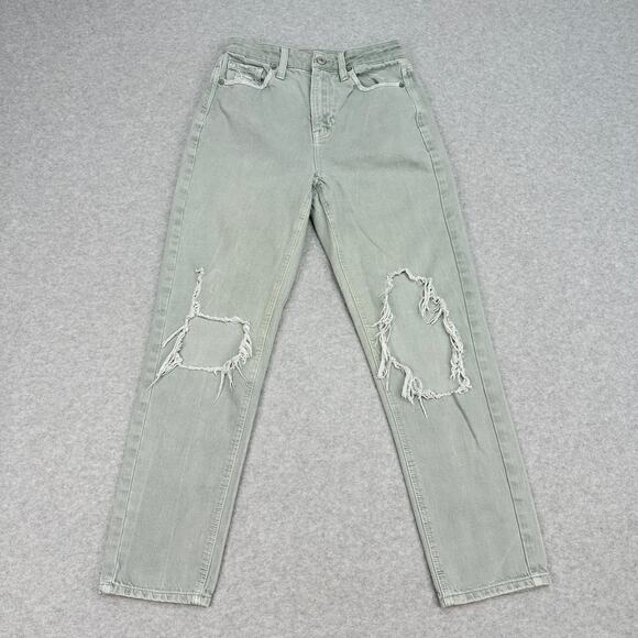 American Eagle Mom Jeans WMNS 2 Green Distressed Denim High Rise Zip Fly Ripped - Picture 3 of 12